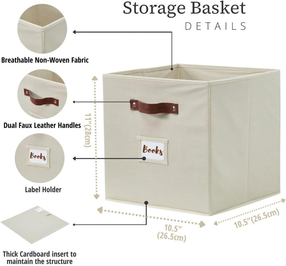 DECOMOMO Storage Bins. Cube Storage Bin with Labels | 10.5 x 11 Fabric Storage Cubes for Shelves (6pcs. Beige) - Image 3