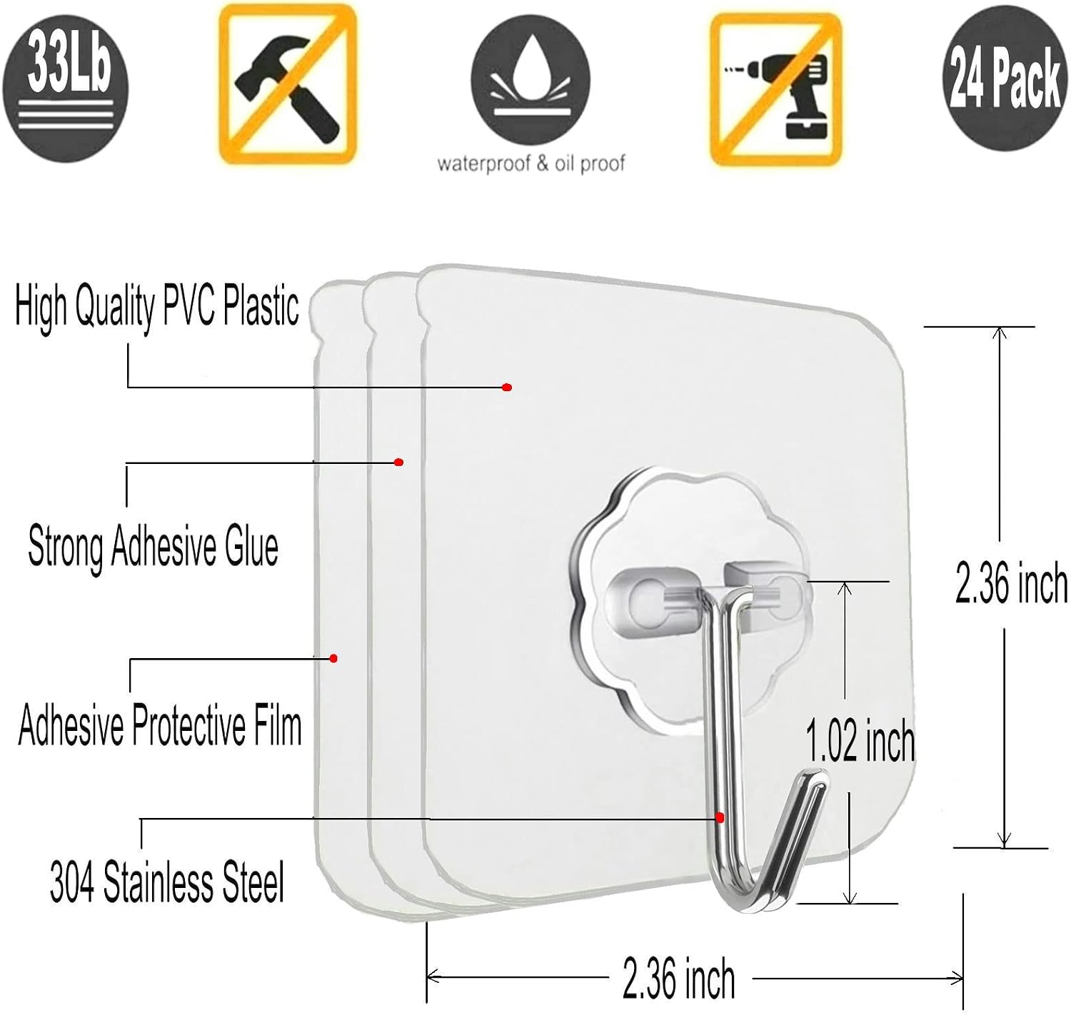 Jwxstore 24 Pack Adhesive Wall Hooks 33LB Heavy Duty No Drill Transparent Waterproof Hooks for Bathroom Kitchen Towel Coat Office Home Outdoor - Image 2
