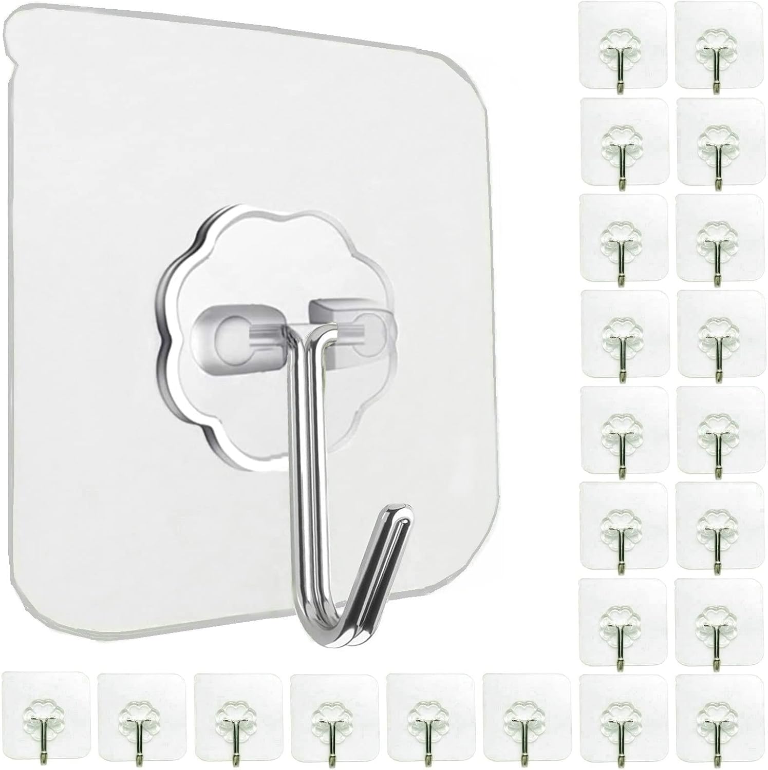 Jwxstore 24 Pack Adhesive Wall Hooks 33LB Heavy Duty No Drill Transparent Waterproof Hooks for Bathroom Kitchen Towel Coat Office Home Outdoor