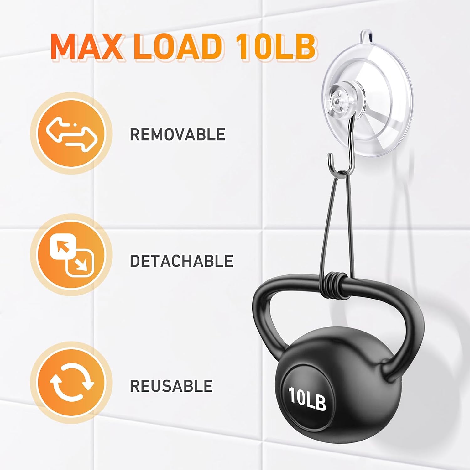 KORCCI Suction Cup Hooks 12Pack - Max Load 10LB. 1.77Inch Clear Medium Suction Cups. No Trace. Reusable & Removable. Stainless Steel Hooks. for Tile. Glass. Window. Shower. Kitchen. Bathroom - Image 2
