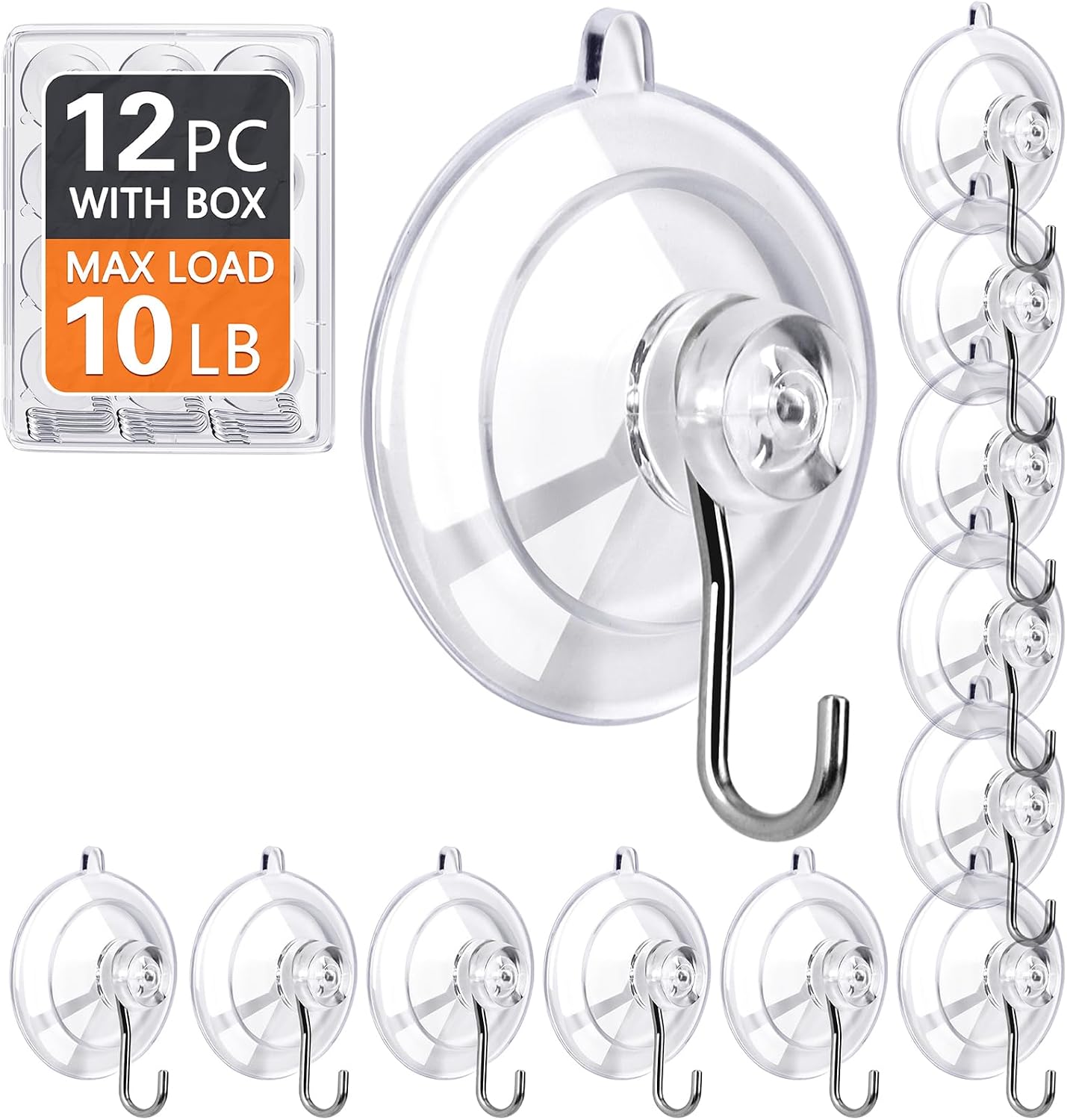 KORCCI Suction Cup Hooks 12Pack - Max Load 10LB. 1.77Inch Clear Medium Suction Cups. No Trace. Reusable & Removable. Stainless Steel Hooks. for Tile. Glass. Window. Shower. Kitchen. Bathroom - Image 9