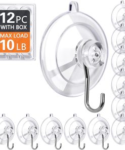 KORCCI Suction Cup Hooks 12Pack - Max Load 10LB. 1.77Inch Clear Medium Suction Cups. No Trace. Reusable & Removable. Stainless Steel Hooks. for Tile. Glass. Window. Shower. Kitchen. Bathroom