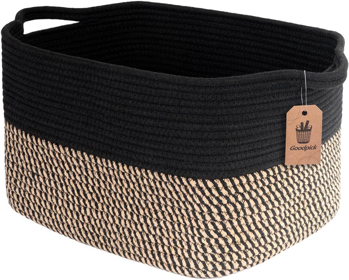 Goodpick Woven Storage Basket for Shelves. 13 x 10 x 9. Black Jute | Stylish Gift Basket for Office & Home. Wicker Baskets for Books. Toys & Towels Storage. Nursery & Bedroom Closet Organization