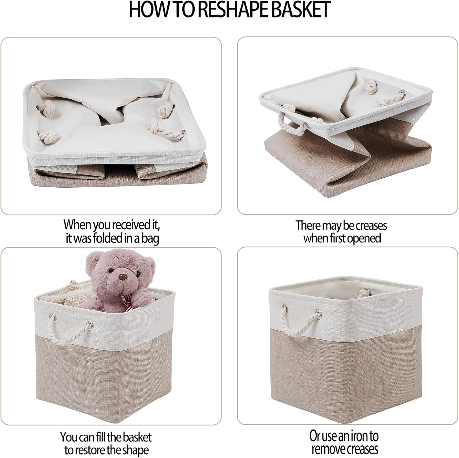 MidmmVick 11 x 11 Inch Cube Storage Bins. 6 Pack Large Collapsible Fabric Storage Bin with Ropes. Foldable Storage Cubes for Home. Office.Closet. Clothes. Toys Organizer (White & Beige-11x11x11) - Image 4