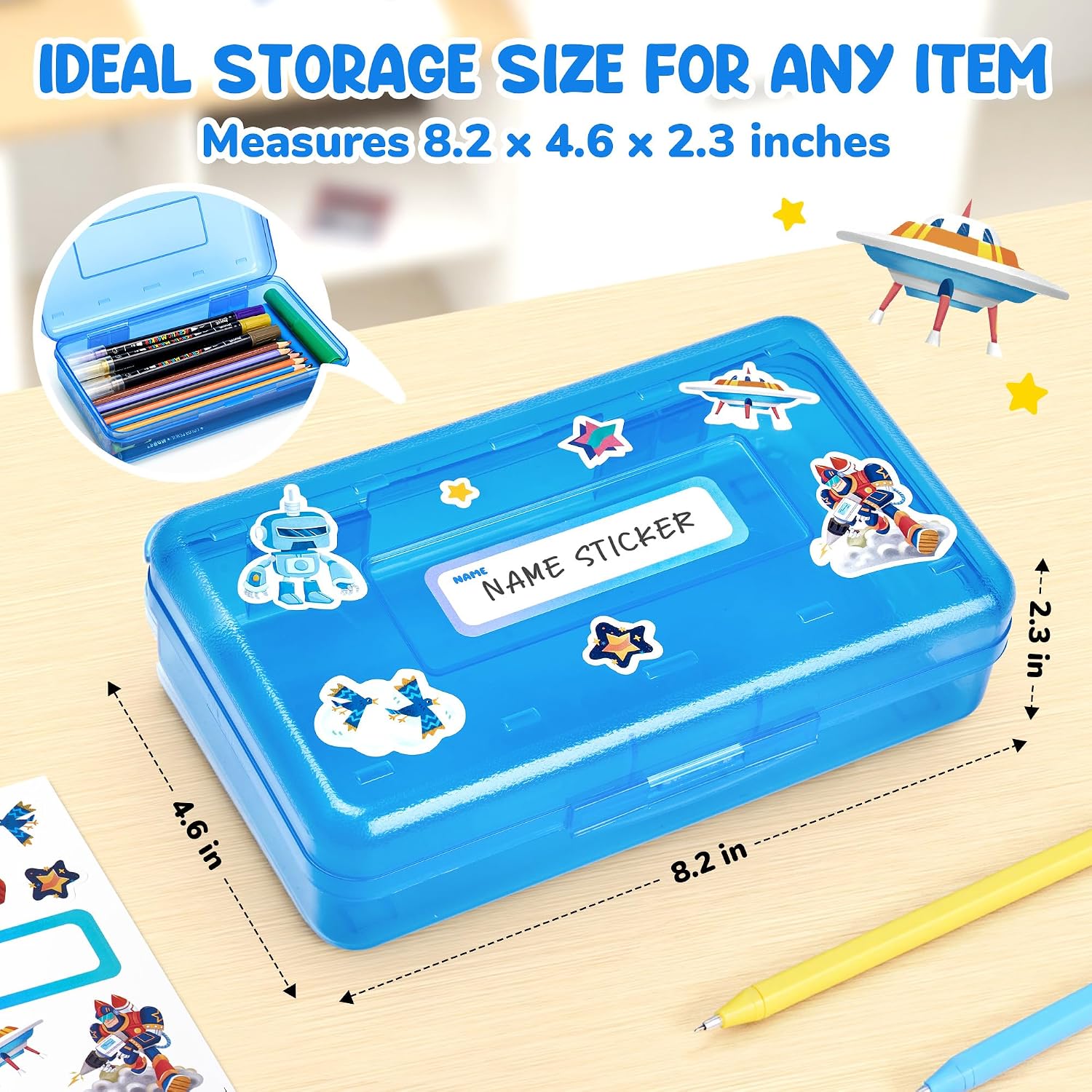 GAMENOTE Plastic Pencil Box with Personalized Sticker.Kid Hard Pencil Case with Snap-tight Lid.Small Art Craft Storage Containers.School Supplies Box for Boys.Girls (Blue) - Image 2