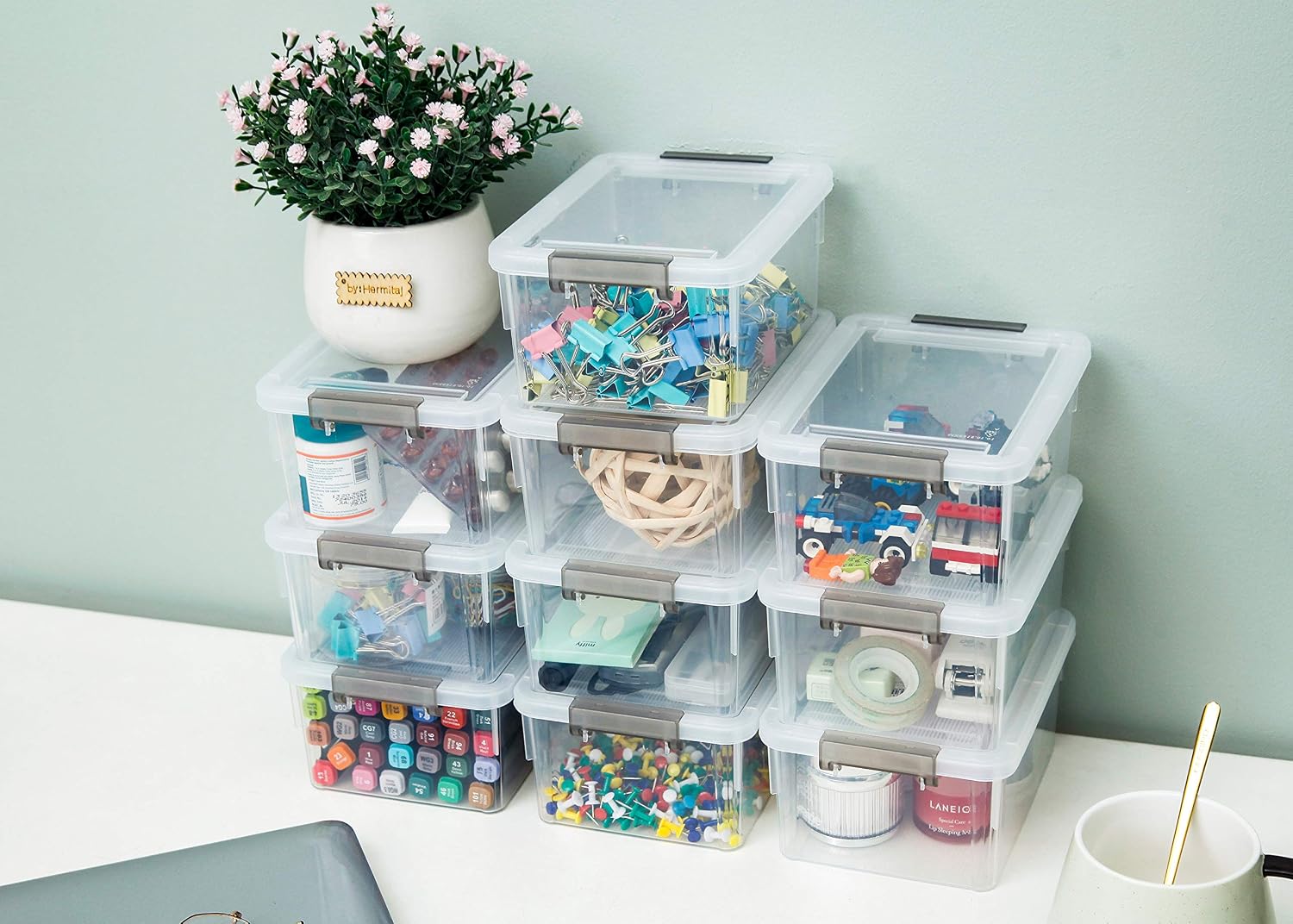 Citylife 10Packs 1.3Qt Small Storage Bins with Lids.Stackable Clear | Plastic Containers for Beads. Buttons. Sewing Supplies. Office Supplies and Small Toys - Image 4