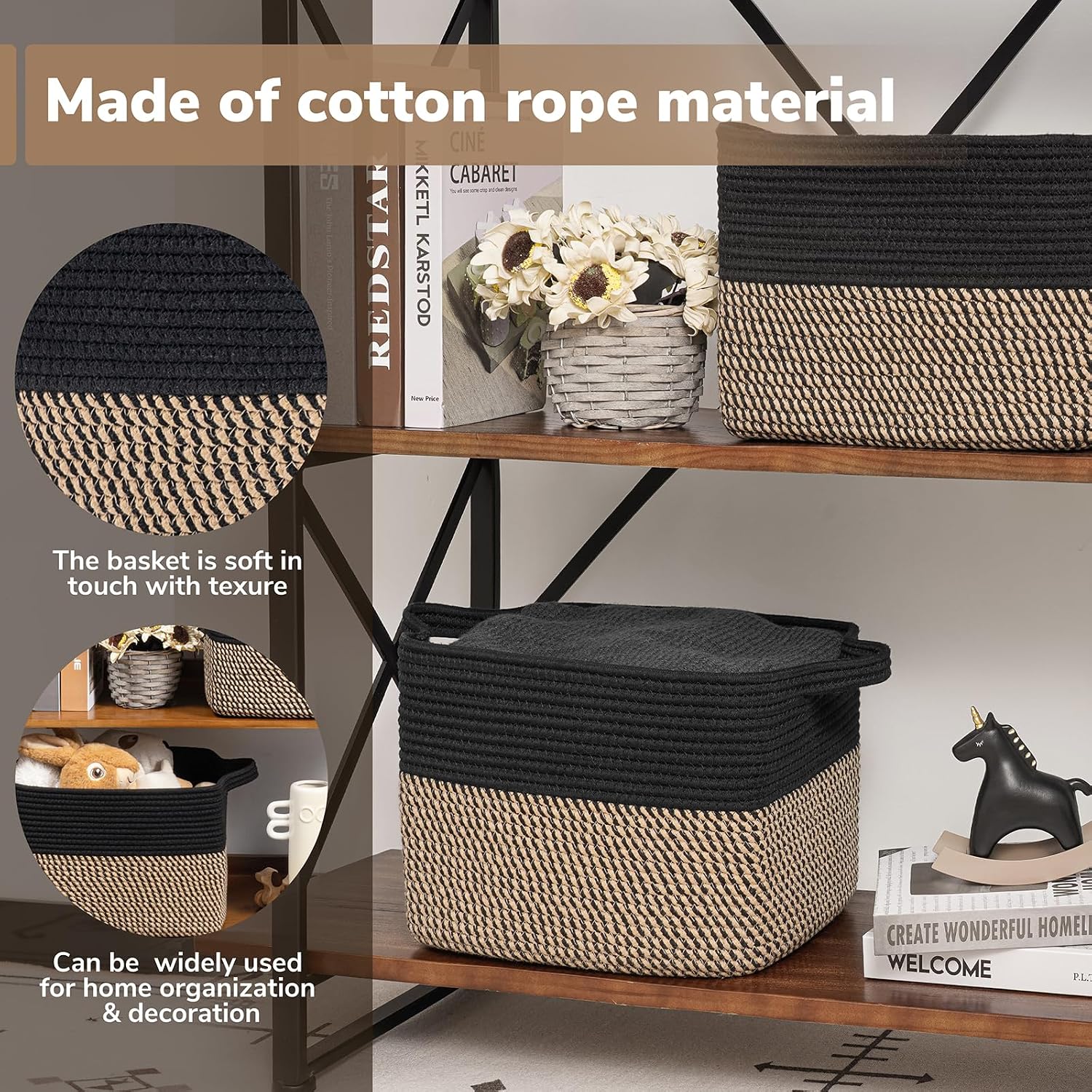Goodpick Woven Storage Basket for Shelves. 13 x 10 x 9. Black Jute | Stylish Gift Basket for Office & Home. Wicker Baskets for Books. Toys & Towels Storage. Nursery & Bedroom Closet Organization - Image 4