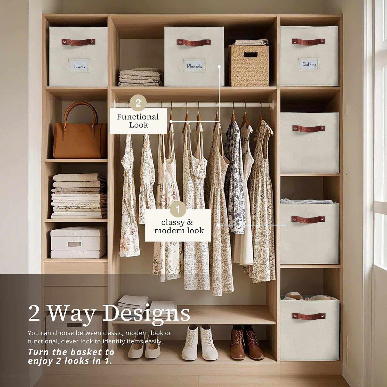 DECOMOMO Storage Bins. Cube Storage Bin with Labels | 10.5 x 11 Fabric Storage Cubes for Shelves (6pcs. Beige) - Image 4