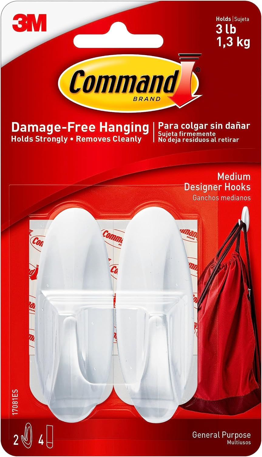 Command Medium Designer Hooks. 2 Hooks and 4 Strips. Damage-Free Hanging Wall Hook with Adhesive Strips. Adhesive Hooks for Hanging Back to School Dorm Organizers. Holds up to 3 lb