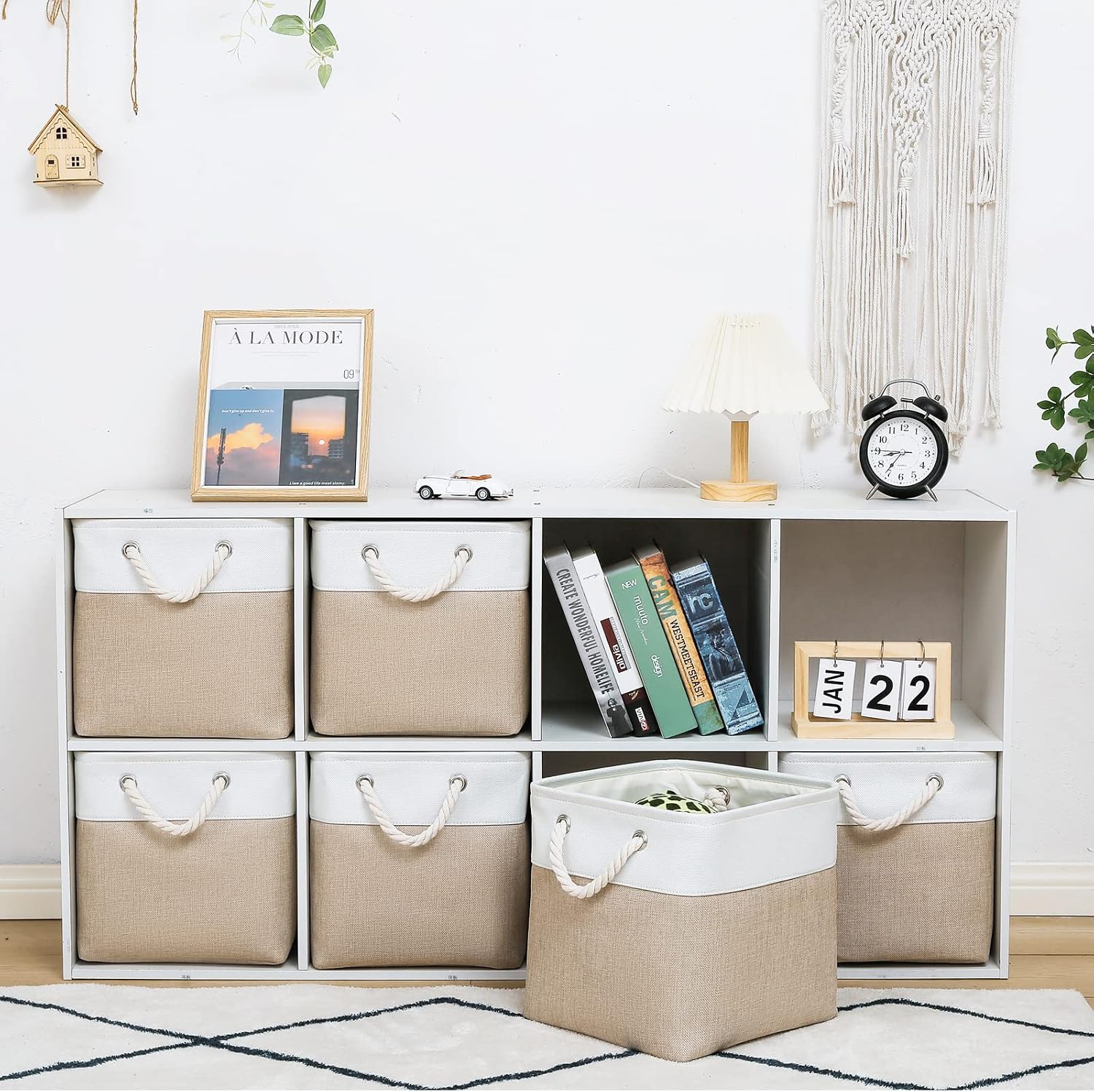 MidmmVick 11 x 11 Inch Cube Storage Bins. 6 Pack Large Collapsible Fabric Storage Bin with Ropes. Foldable Storage Cubes for Home. Office.Closet. Clothes. Toys Organizer (White & Beige-11x11x11) - Image 2