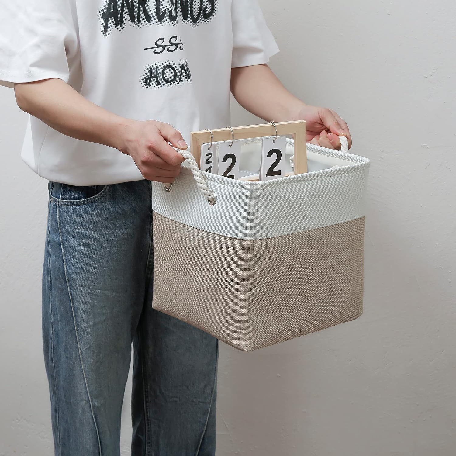 MidmmVick 11 x 11 Inch Cube Storage Bins. 6 Pack Large Collapsible Fabric Storage Bin with Ropes. Foldable Storage Cubes for Home. Office.Closet. Clothes. Toys Organizer (White & Beige-11x11x11) - Image 6