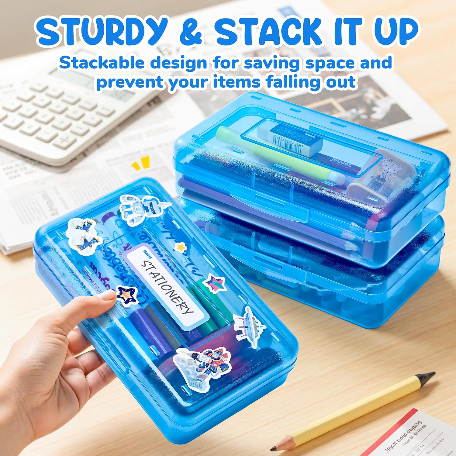 GAMENOTE Plastic Pencil Box with Personalized Sticker.Kid Hard Pencil Case with Snap-tight Lid.Small Art Craft Storage Containers.School Supplies Box for Boys.Girls (Blue) - Image 5