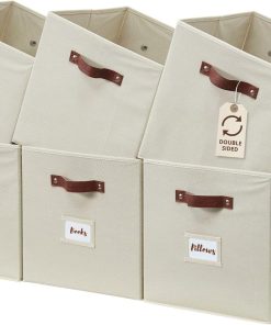 DECOMOMO Storage Bins. Cube Storage Bin with Labels | 10.5 x 11 Fabric Storage Cubes for Shelves (6pcs. Beige)