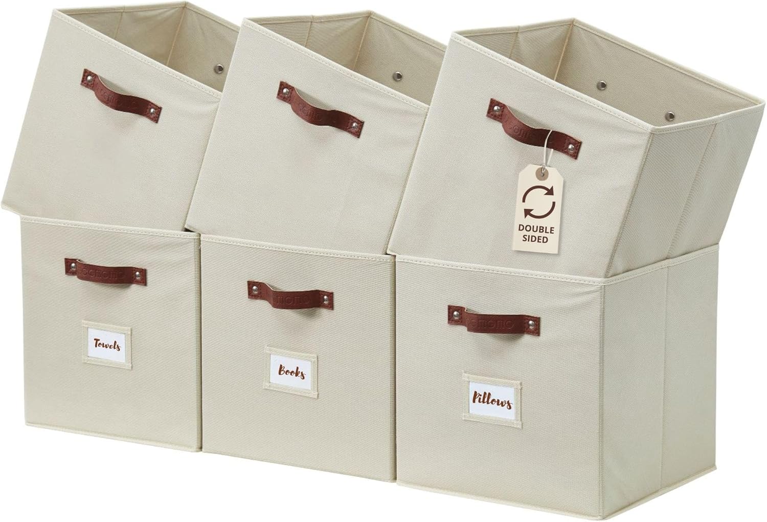 DECOMOMO Storage Bins. Cube Storage Bin with Labels | 10.5 x 11 Fabric Storage Cubes for Shelves (6pcs. Beige)