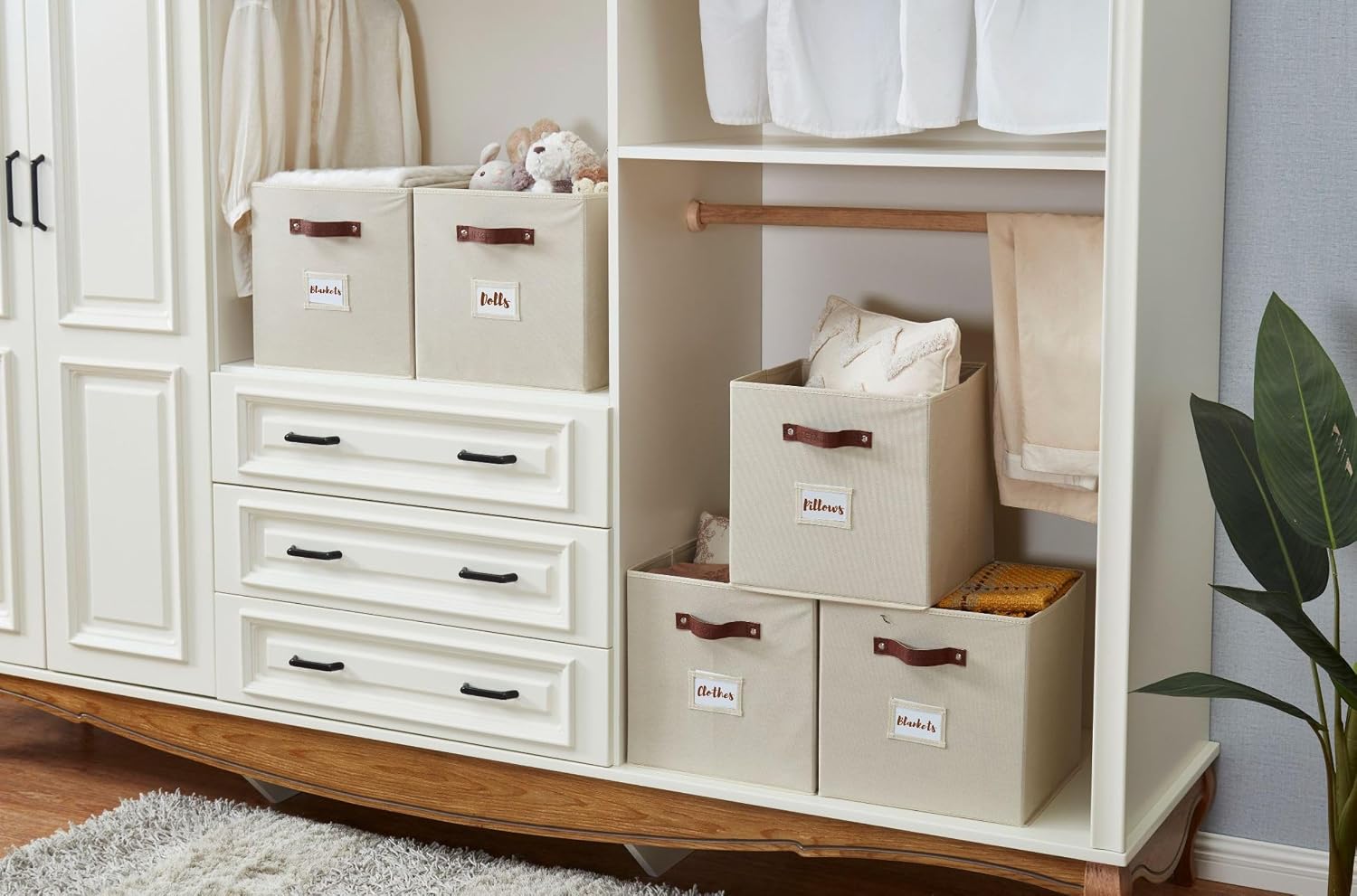 DECOMOMO Storage Bins. Cube Storage Bin with Labels | 10.5 x 11 Fabric Storage Cubes for Shelves (6pcs. Beige) - Image 8