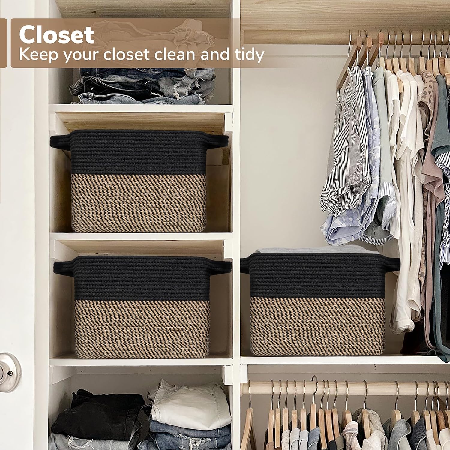 Goodpick Woven Storage Basket for Shelves. 13 x 10 x 9. Black Jute | Stylish Gift Basket for Office & Home. Wicker Baskets for Books. Toys & Towels Storage. Nursery & Bedroom Closet Organization - Image 6
