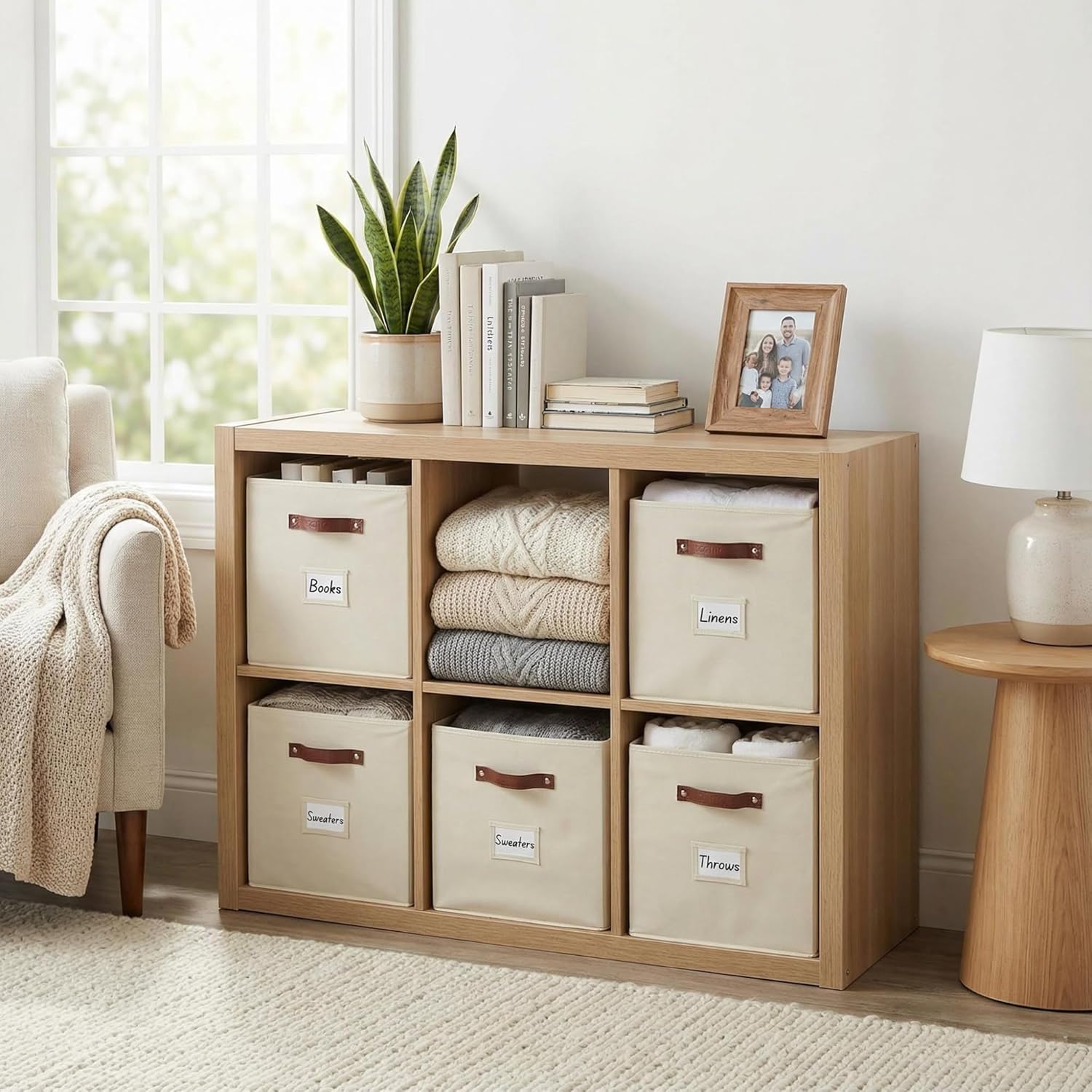 DECOMOMO Storage Bins. Cube Storage Bin with Labels | 10.5 x 11 Fabric Storage Cubes for Shelves (6pcs. Beige) - Image 2