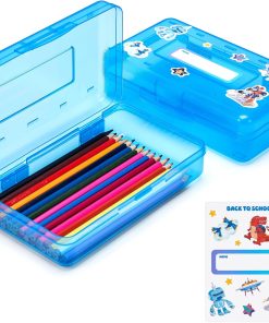 GAMENOTE Plastic Pencil Box with Personalized Sticker.Kid Hard Pencil Case with Snap-tight Lid.Small Art Craft Storage Containers.School Supplies Box for Boys.Girls (Blue)