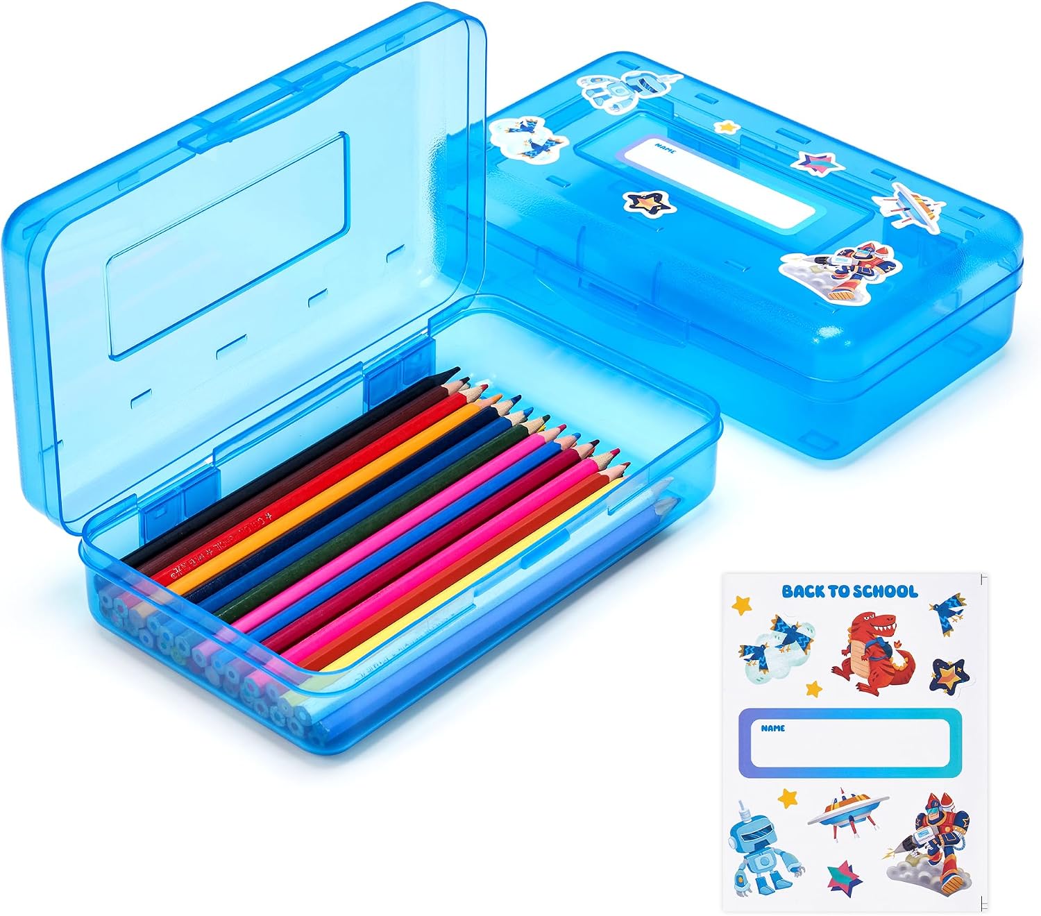 GAMENOTE Plastic Pencil Box with Personalized Sticker.Kid Hard Pencil Case with Snap-tight Lid.Small Art Craft Storage Containers.School Supplies Box for Boys.Girls (Blue)