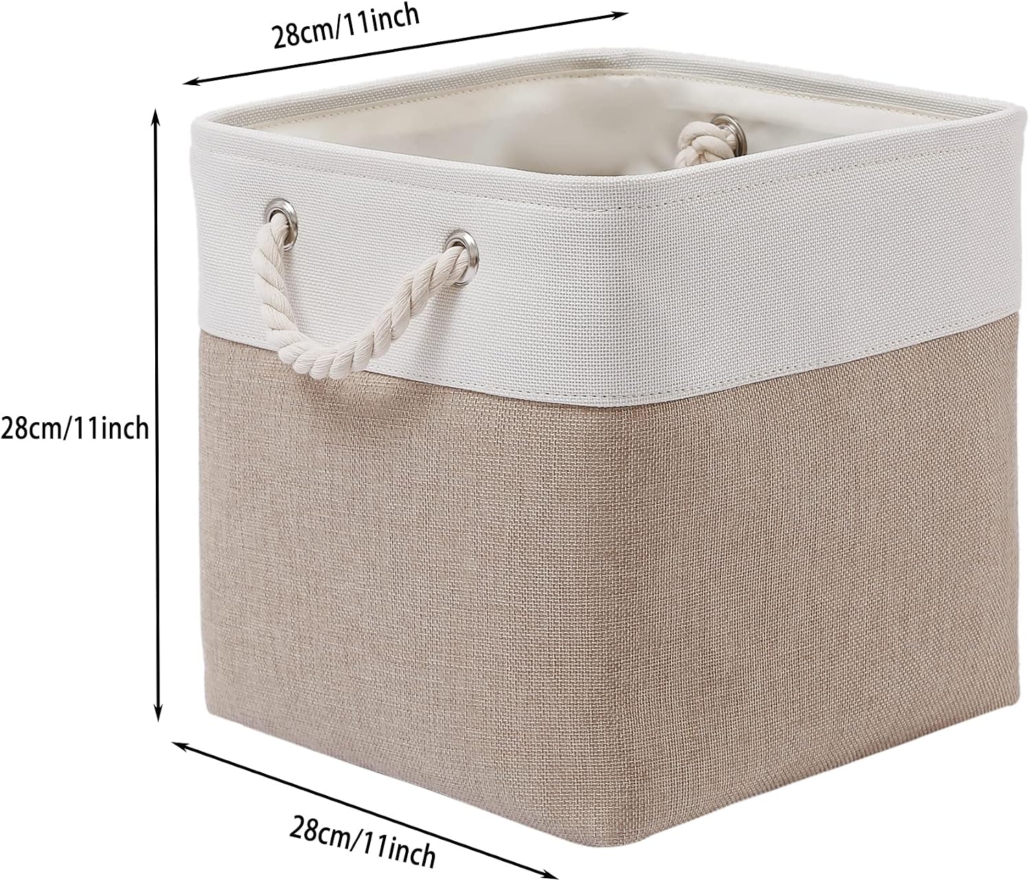 MidmmVick 11 x 11 Inch Cube Storage Bins. 6 Pack Large Collapsible Fabric Storage Bin with Ropes. Foldable Storage Cubes for Home. Office.Closet. Clothes. Toys Organizer (White & Beige-11x11x11) - Image 5