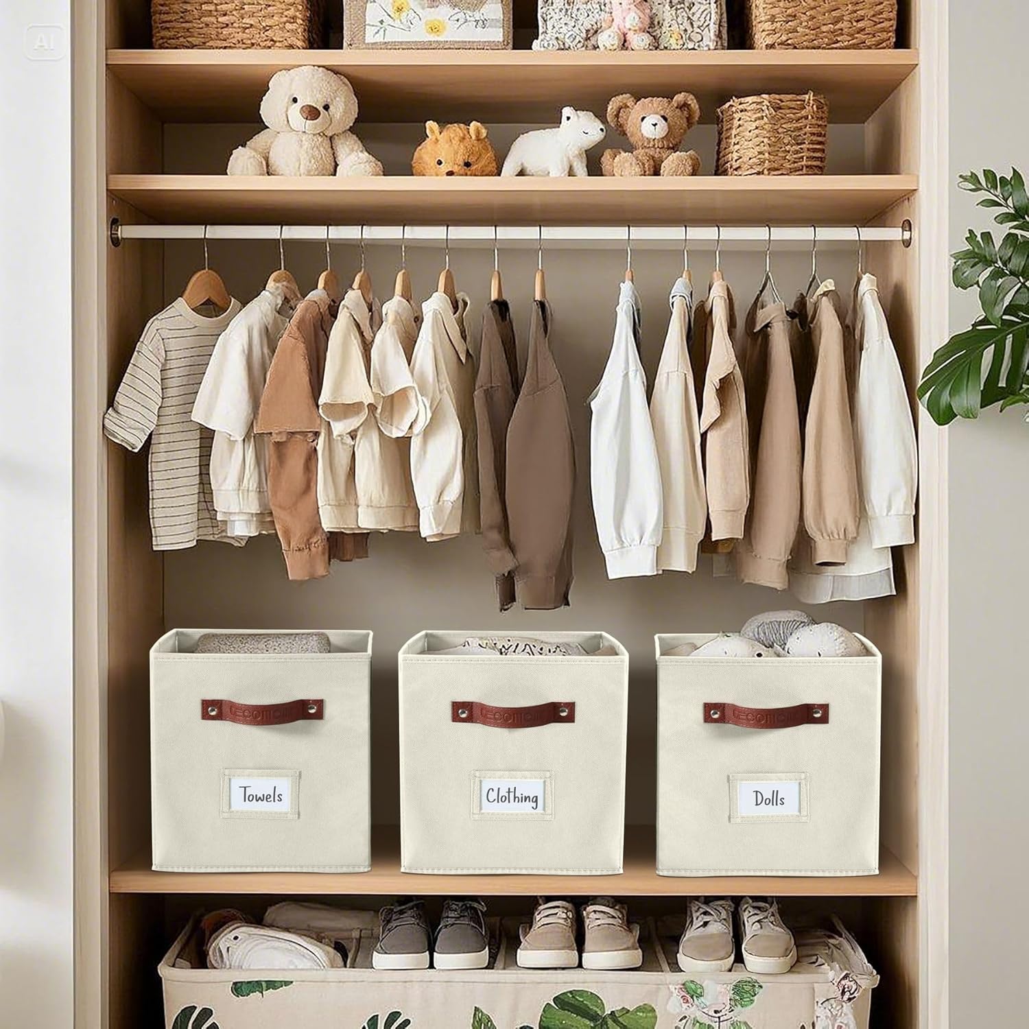 DECOMOMO Storage Bins. Cube Storage Bin with Labels | 10.5 x 11 Fabric Storage Cubes for Shelves (6pcs. Beige) - Image 7