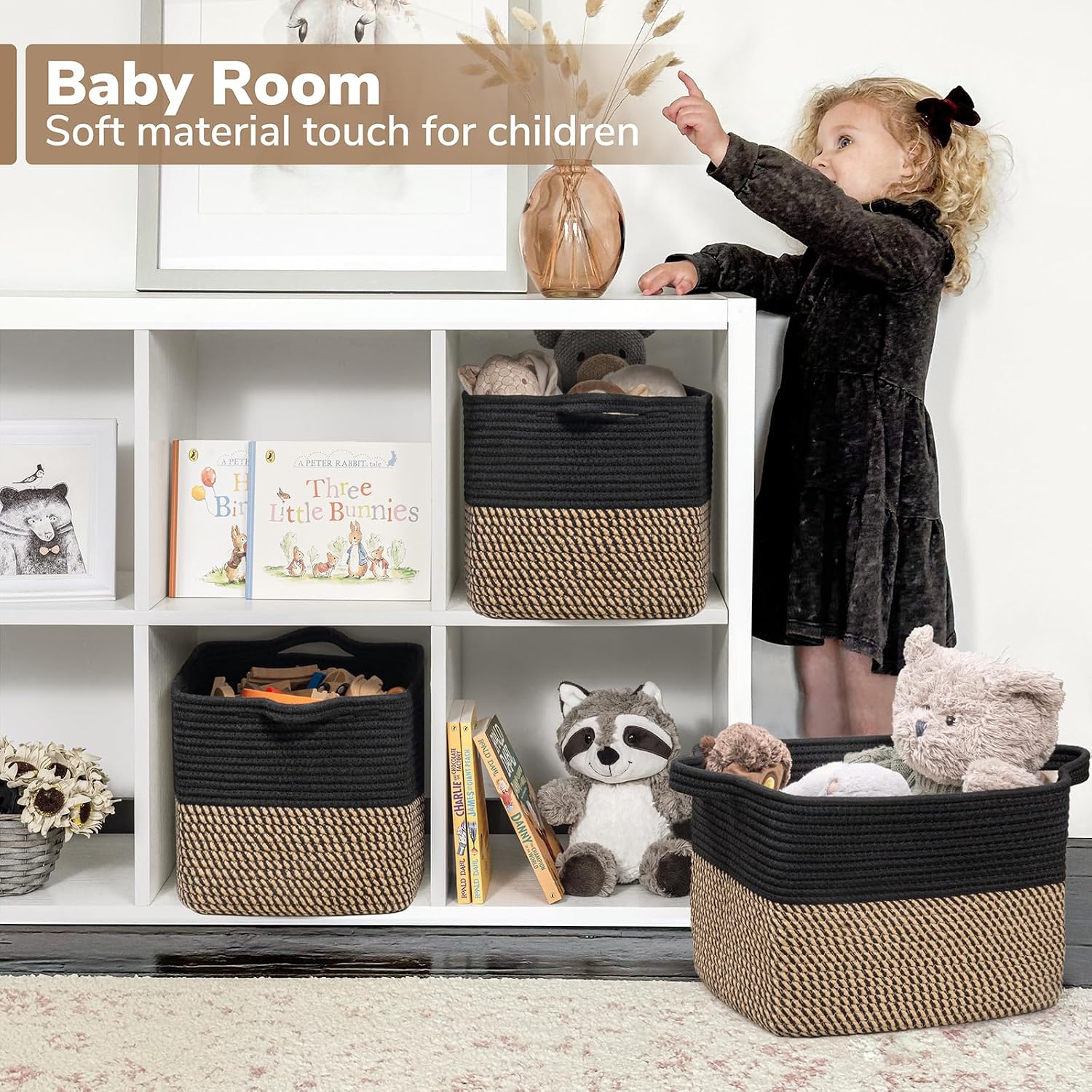Goodpick Woven Storage Basket for Shelves. 13 x 10 x 9. Black Jute | Stylish Gift Basket for Office & Home. Wicker Baskets for Books. Toys & Towels Storage. Nursery & Bedroom Closet Organization - Image 3