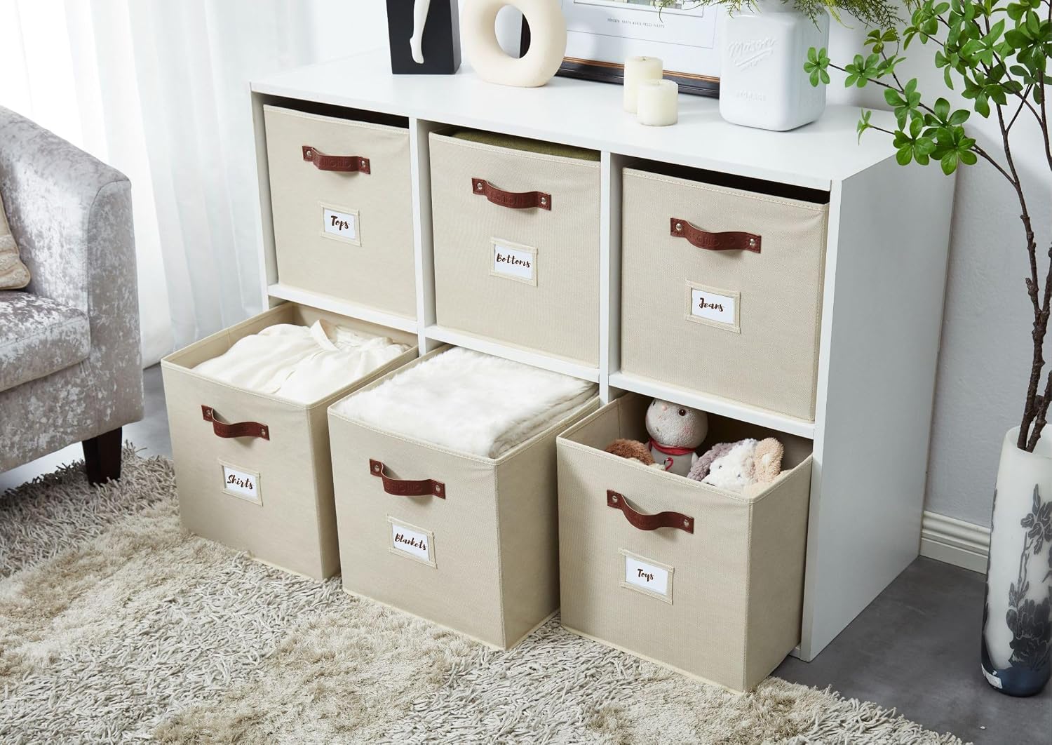DECOMOMO Storage Bins. Cube Storage Bin with Labels | 10.5 x 11 Fabric Storage Cubes for Shelves (6pcs. Beige) - Image 9