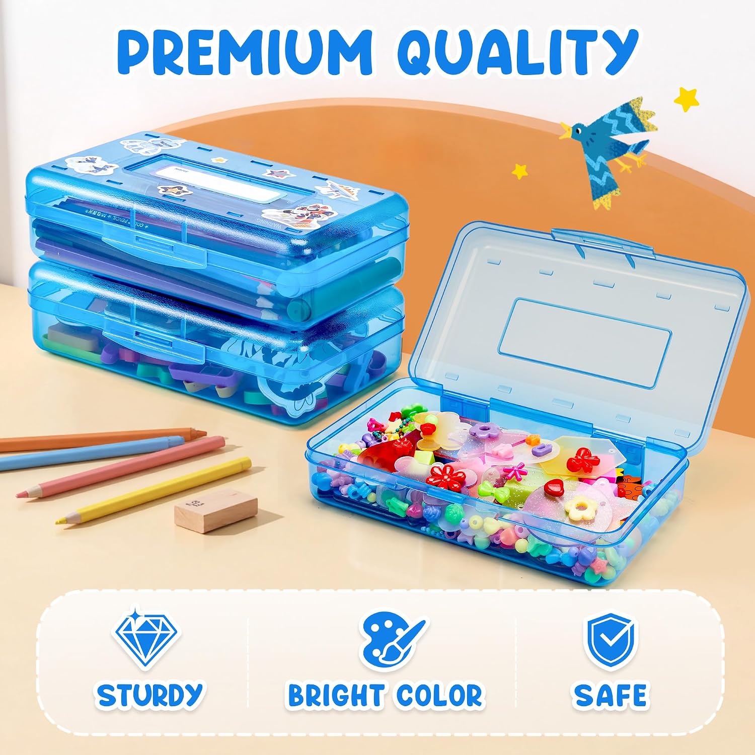 GAMENOTE Plastic Pencil Box with Personalized Sticker.Kid Hard Pencil Case with Snap-tight Lid.Small Art Craft Storage Containers.School Supplies Box for Boys.Girls (Blue) - Image 6