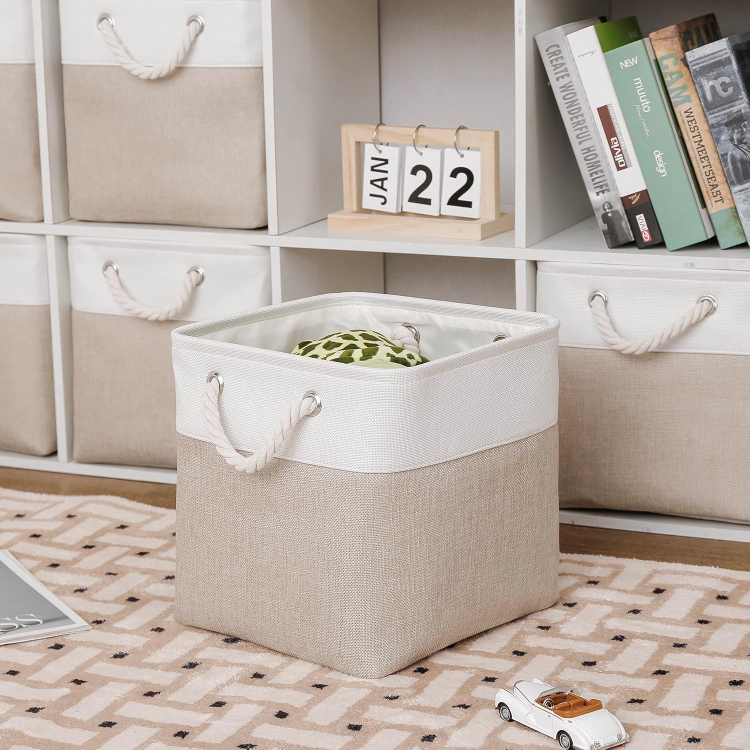 MidmmVick 11 x 11 Inch Cube Storage Bins. 6 Pack Large Collapsible Fabric Storage Bin with Ropes. Foldable Storage Cubes for Home. Office.Closet. Clothes. Toys Organizer (White & Beige-11x11x11) - Image 3