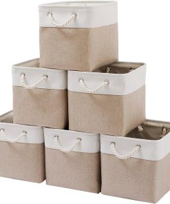 MidmmVick 11 x 11 Inch Cube Storage Bins. 6 Pack Large Collapsible Fabric Storage Bin with Ropes. Foldable Storage Cubes for Home. Office.Closet. Clothes. Toys Organizer (White & Beige-11x11x11)