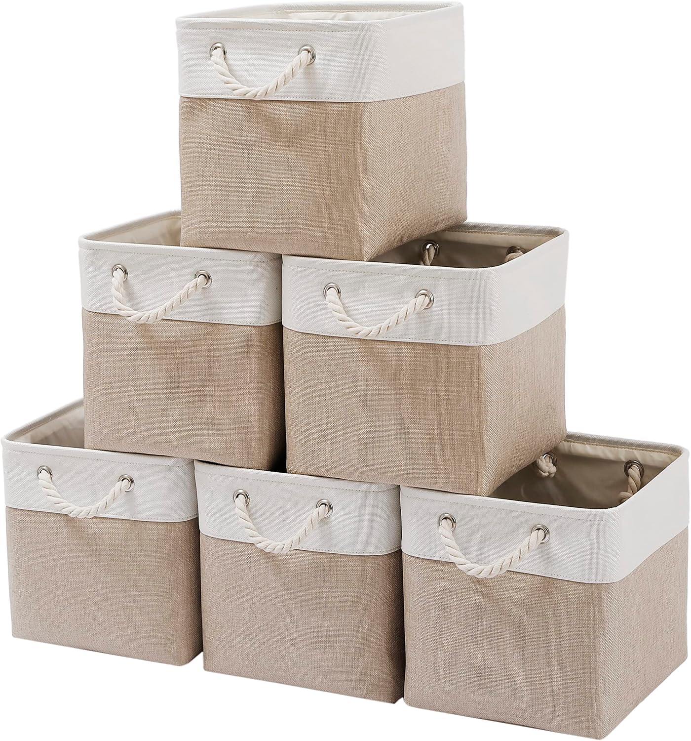MidmmVick 11 x 11 Inch Cube Storage Bins. 6 Pack Large Collapsible Fabric Storage Bin with Ropes. Foldable Storage Cubes for Home. Office.Closet. Clothes. Toys Organizer (White & Beige-11x11x11)